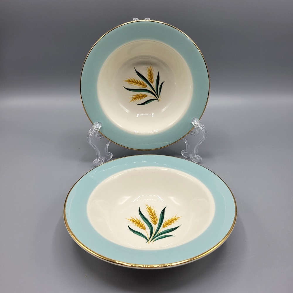 Vtg Viking Wheat Ice Cream Bowl Set of 2 Blue Gold Mid Century Table Decor 6"